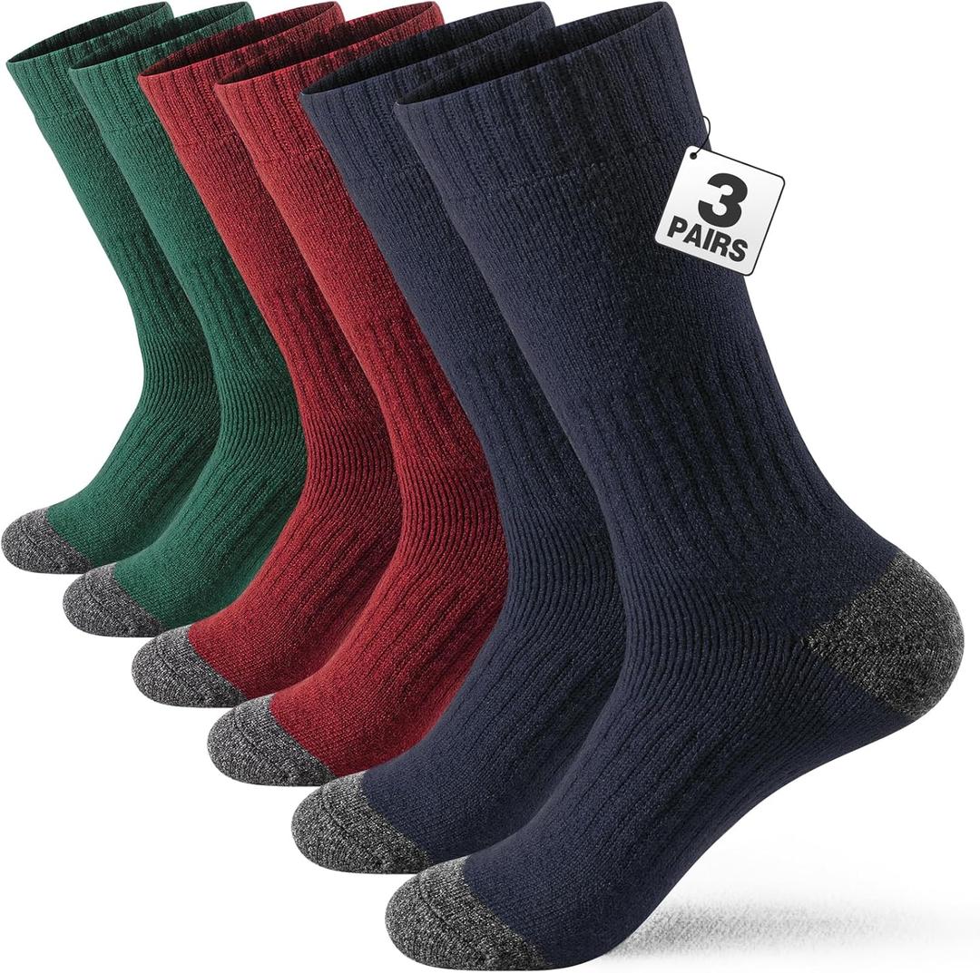 Mens Wool Crew Socks Winter Thermal Socks for Men Thick Cushioned Warm Hunting Hiking Socks Size 9-12, 2/3 Pack (Navy/Red/Green, 3 Pairs)