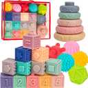 SpringFlower 3 in 1 Montessori Toys for Babies 0-3-6-12 Months, Soft Baby Teething, Stacking Building Blocks for Infants, Sensory Developmental Education Toys for Toddler Baby 12-18 Months,22 PCS