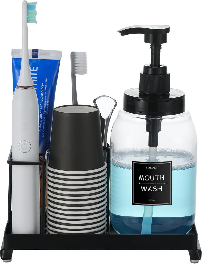 Mouthwash Dispenser with Toothbrush Holder,Mouth Wash Pump Bottle with Stainless Steel Cup Holder,24 OZ Refillable Clear Mouthwash Container with 21Pcs Paper Cups