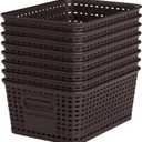 Brown Plastic Storage Baskets - Pack of 8 with Labels Stackable Durable Storage Bins, Storage Containers for Organizing Desktops, Closets, Playrooms, Classrooms, Offices