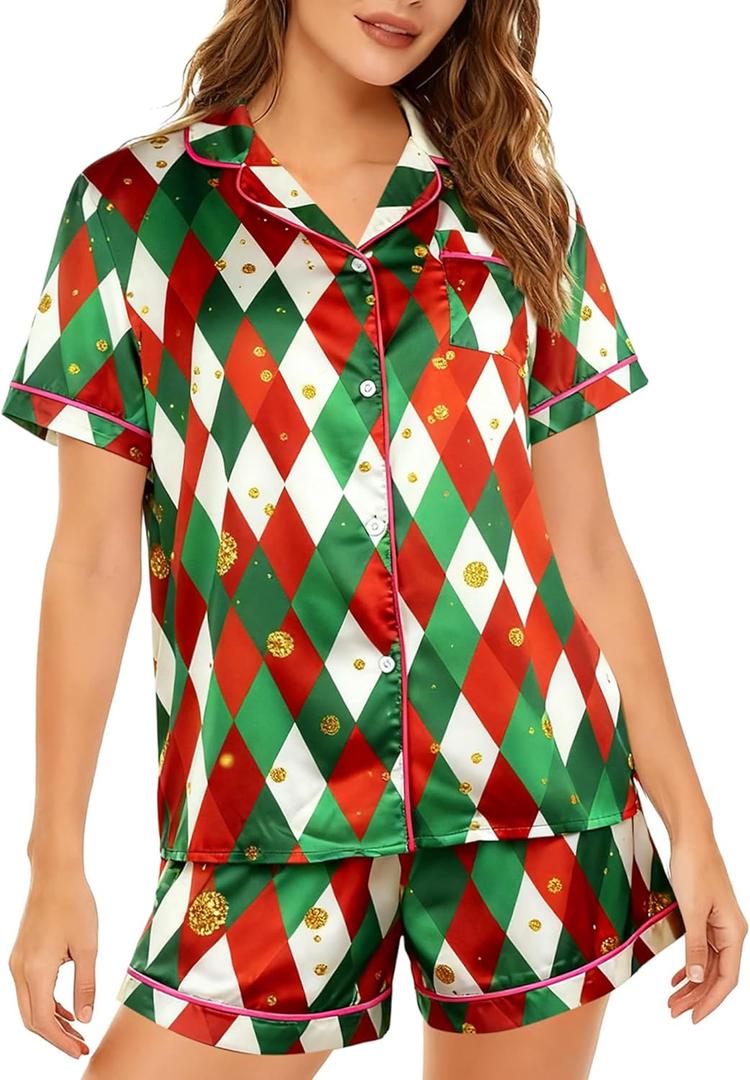 ASTANFY Silk Satin Pajama Set Womens Silk Satin 2 Piece Pjs Shorts Sleepwear Christmas Button Down Shirt Bride Pj Lounge Sets (M)