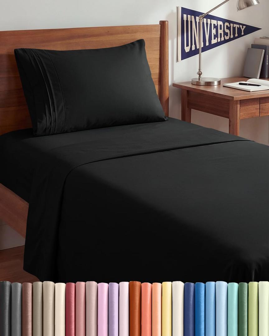 Twin XL Size 3 Piece Sheet Set - Comfy Breathable & Cooling Sheets - Hotel Luxury Bed Sheets for Women & Men - Deep Pockets, Easy-Fit, Extra Soft & Wrinkle Free Sheets - Black Oeko-Tex Bed Sheet Set