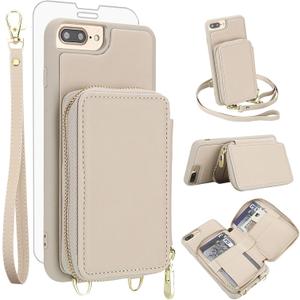 Phone Case for iPhone 6plus 6splus 7plus 8plus i 6/6s/7/8 Plus Wallet Cell Cover with Screen Protector Crossbody Strap RFID Blocking Card Holder iPhone6splus i Phone7s 7s 7+ 8s 8+ Phones8 Women Beige
