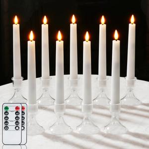 Raycare Pack of 9 Flameless Taper Candles Battery Operated, Led Candle Sticks Warm Flickering, 6.7 Inches Taper Candlesticks with Holders, LED Window Candles with Remote Timer (Batteries not included) (White)