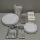 350-Piece Silver Rim Plastic Dinnerware Set for 50 Guests, Elegant Disposable Dinnerware for Party, Wedding, Includes Dinner Plates, Dessert Plates, Silverware, Napkins, Cups, Missing Some Cups
