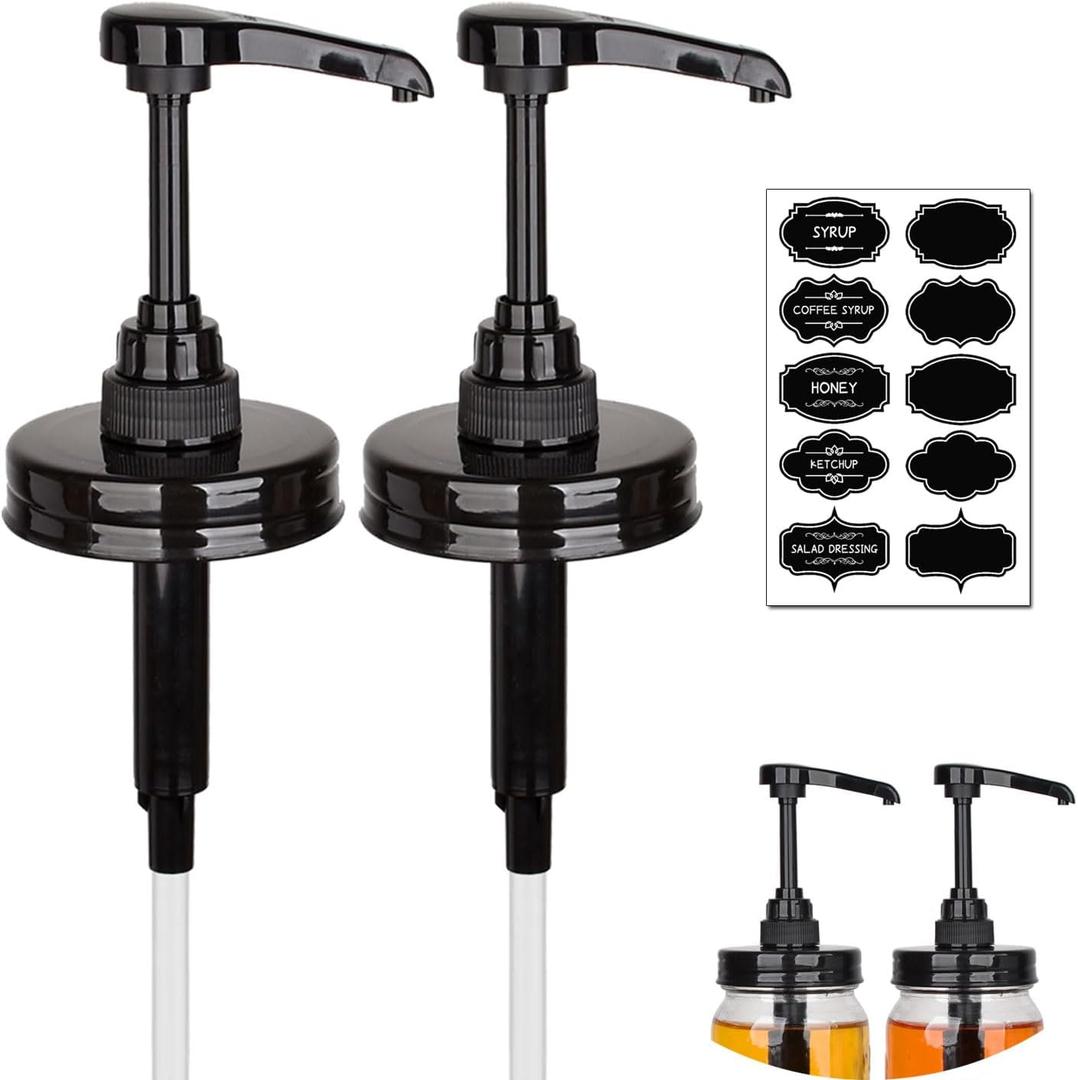 2 Pack Mason Jar Syrup Dispenser Pump Lids, Coffee Syrup Dispensers for Regular Mouth Mason Jars with Rust Proof Plastic Pumps and lids, Kitchen Food Grade Honey Dispenser Pump, Black