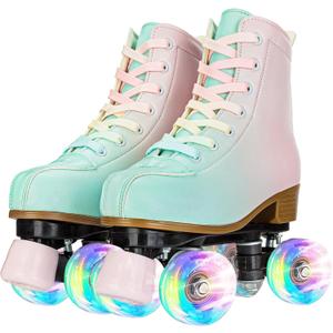 YYW Roller Skates for Girls and Women, Fantastic Gradient Pink and Green PU Leather Light Up Kids Youth Roller Skates, Indoor Outdoor (38-US Women 8)