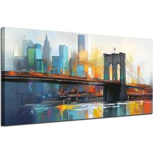 Arjun Cityscape Wall Art New York City Canvas for Living Room Painting Brooklyn Bridge Manhattan Bedroom Wall Art for Men Modern Blue Picture Grey Artwork Large Framed Home Office Wall Decor 40"x20"