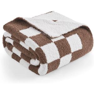 Snuggle Sac Checkered Throw Blanket for Couch, Super Soft, Cozy Warm Knit Blankets, Reversible Plaid Fluffy Throws for Sofa, Bed, Checkered Brown, 50x60 Inches