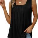 Saloogoe Summer Tank Tops for Women Loose Fit Pleated Square Neck Sleeveless Tops Curved Hem Flowy (Small, 03-black)