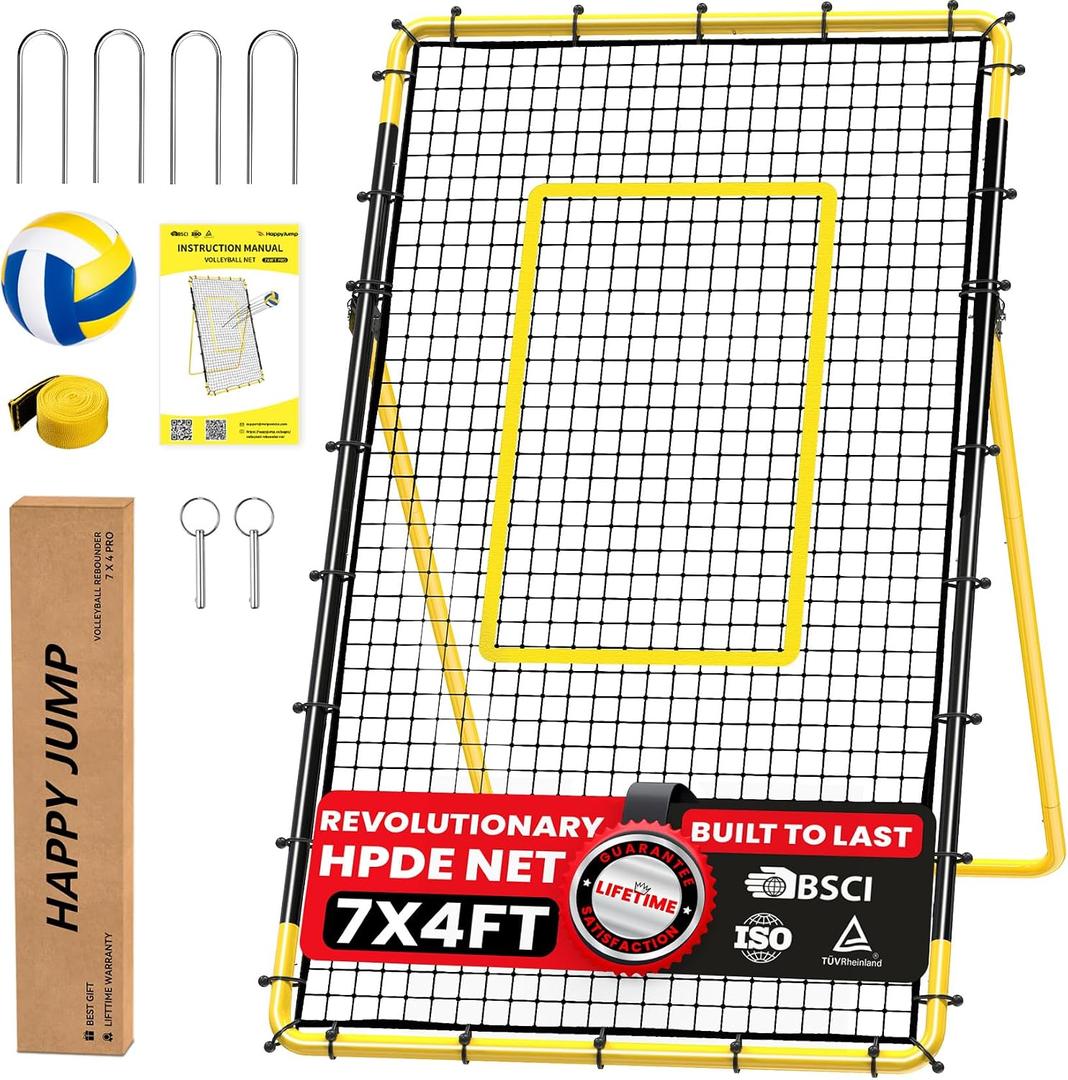 Happy Jump 7x4 FT Portable Volleyball Rebounder Net, 5 Adjustable Angles Bounce Back Trainer, Heavy-Duty Steel Frame & 45-Ply Net, Target Practice Training Equipment, Includes Volleyball