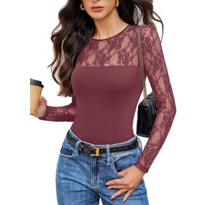 Avidlove Lace Long Sleeve Bodysuit for Women Crew Neck Body Suits Slimming Going Out Concert Tops Fall Outfits (Small, Purple Red)