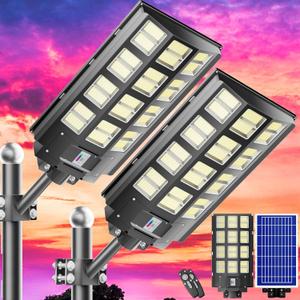 Solar Street Light, 8000W 7000K 480000LM 1152pcs LED Solar Parking Lot Lights Dusk to Dawn, Solar Flood Light Wide Angle Motion Sensor and Remote Control for Area Lighting Yard 2-Pack (Black)