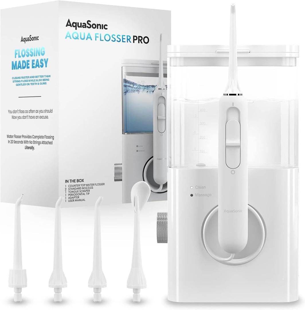 AquaSonic Aqua Flosser PRO | Professional Water Flosser with Large Capacity Reservoir | Oral Irrigator w/ 2 Modes, 10 Levels of Water Pressure, 4 Included Tips | Sleek & Compact | Dentist Recommended