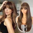 ENTRANCED STYLES Long Mixed Brown Wig with Bangs 26Inch Straight Layered Wig for Women Synthetic Heat Resistant for Daily Party Use (Brown Miex Highlight)