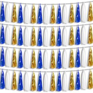 4P Navy-Blue White-Gold Foil Fringe Metallic Tassel-Garland, Tassels Banner Streamers for Parade Floats, Bachelorette, Wedding, Birthday, Halloween, Christmas, Bridal/Baby Shower Party Decorations