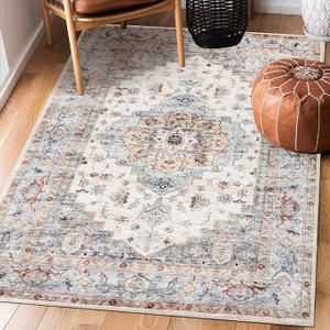 5x7 Machine Washable Area Rugs Boho Vintage Design Rug for Living Room, Bedroom, Kitchen, Soft Non-Slip Indoor Rug, Tawny/Aqua-Print Design