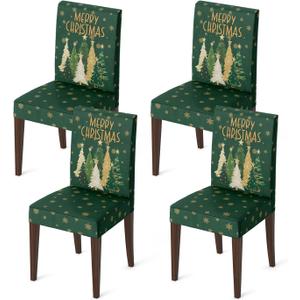 Horaldaily 4PCS Christmas Dining Green Chair Covers, Christmas Pine Tree Stars Stretch Removable Washable Slipcover Chair Protector for Dining Room Home Decor