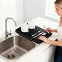 Silicone Kitchen Countertop Dish Drying Mat with Water Collection Tray Non-Slip Pad ( Black)