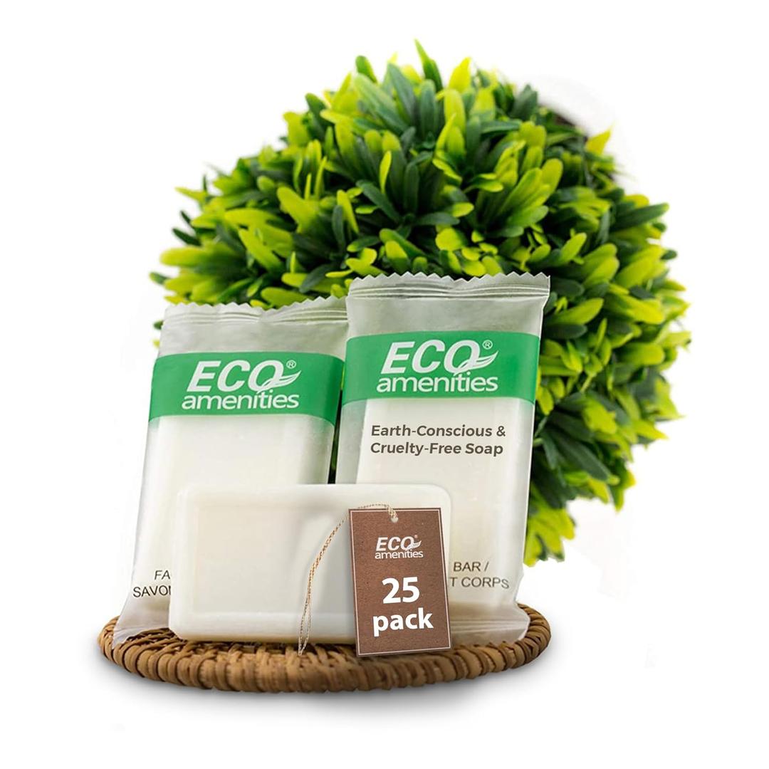 ECO amenities Bar Soap Bulk - 25 Pack, 1.0 oz Travel Size Soap Bars - Individually Wrapped For Hotels - Great for Vacation Rental and Airbnb Toiletries or Hygiene Kits Supplies (1 Ounce (Pack of 25))