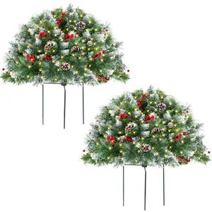 Outdoor Christmas Tree Urn Filler 2 Set, Pre-lit Artificial Flocked Xmas Tree with Cones & Red Berries, Small Christmas Tree with 70 Warm Lights (Frosted Green)