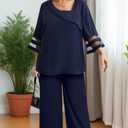 AOVDE Plus Size Pant Suits 2 Piece Casual Dressy Pantsuits Mesh Panel Bell Sleeve Outfits for Women Evening Dinner Party (Blue)