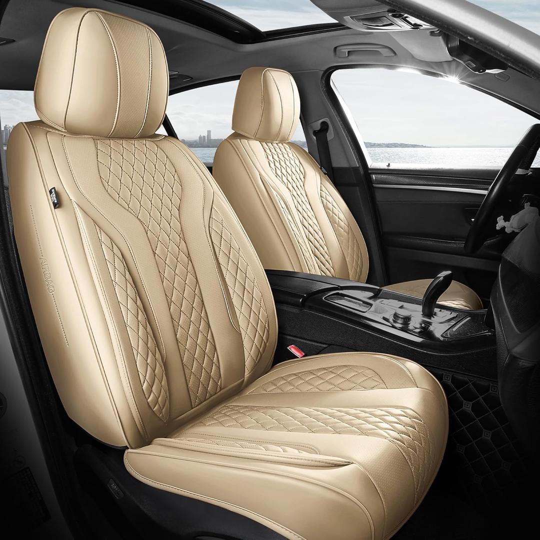 Leather Car Seat Covers Full Set, Breathable Faux Leather Seat Covers for Cars SUV Sedan Waterproof Beige