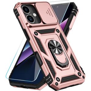 SunStory Phone Case for iPhone 17 Case with HD Screen Protector & Slide Camera Cover & Rotated Ring Kickstand, [Military-Grade] Phone Case for iPhone 17, Rose Gold