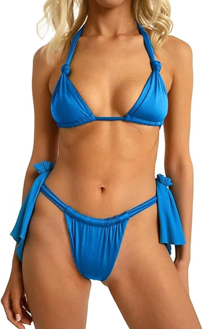 Women Thong Bikini Set Cheeky Halter Triangle String Two Piece Swimsuits Sexy Ruched Brazilian Bathing Suit (Blue, S)