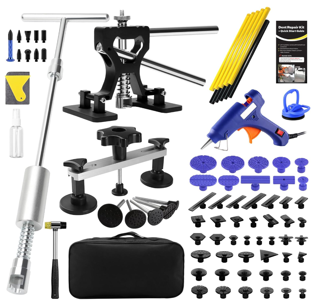 QwikFix Dent Puller Kit for Car, Paintless Dent Removal Kit with Lightweight Metal Dent Lifter & 2in1 Tbar Puller, 100W Hot Glue Gun & High Viscosity Glue Sticks for Auto Body Dent Repair