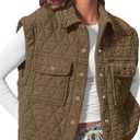 Womens Puffer Vest Quilted Collared Sleeveless Jacket Button Down Outerwear with Pockets (Medium, Khaki)