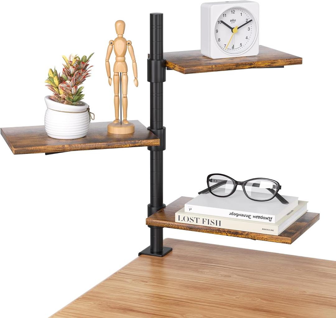 Clamp On Desk Shelf 3-Tier, Adjustable Height Wood Shelving Unit for Office Desk Gaming Accessories, 360 Rotatable Storage Tray, Desktop Book Organizer Storage Rack, Shelf for Top of Desk