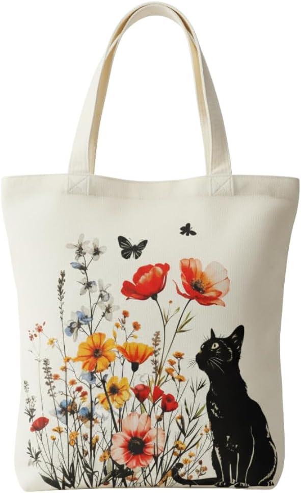 2 x NAMQUL Cute Black Cat Canvas Tote Bag for Women with Zipper Pockets - Large Reusable Shopping, Grocery, Gym & Book Carry Bag, Aesthetic Work Tote Design, Eco-Friendly Gift for Cat Lovers