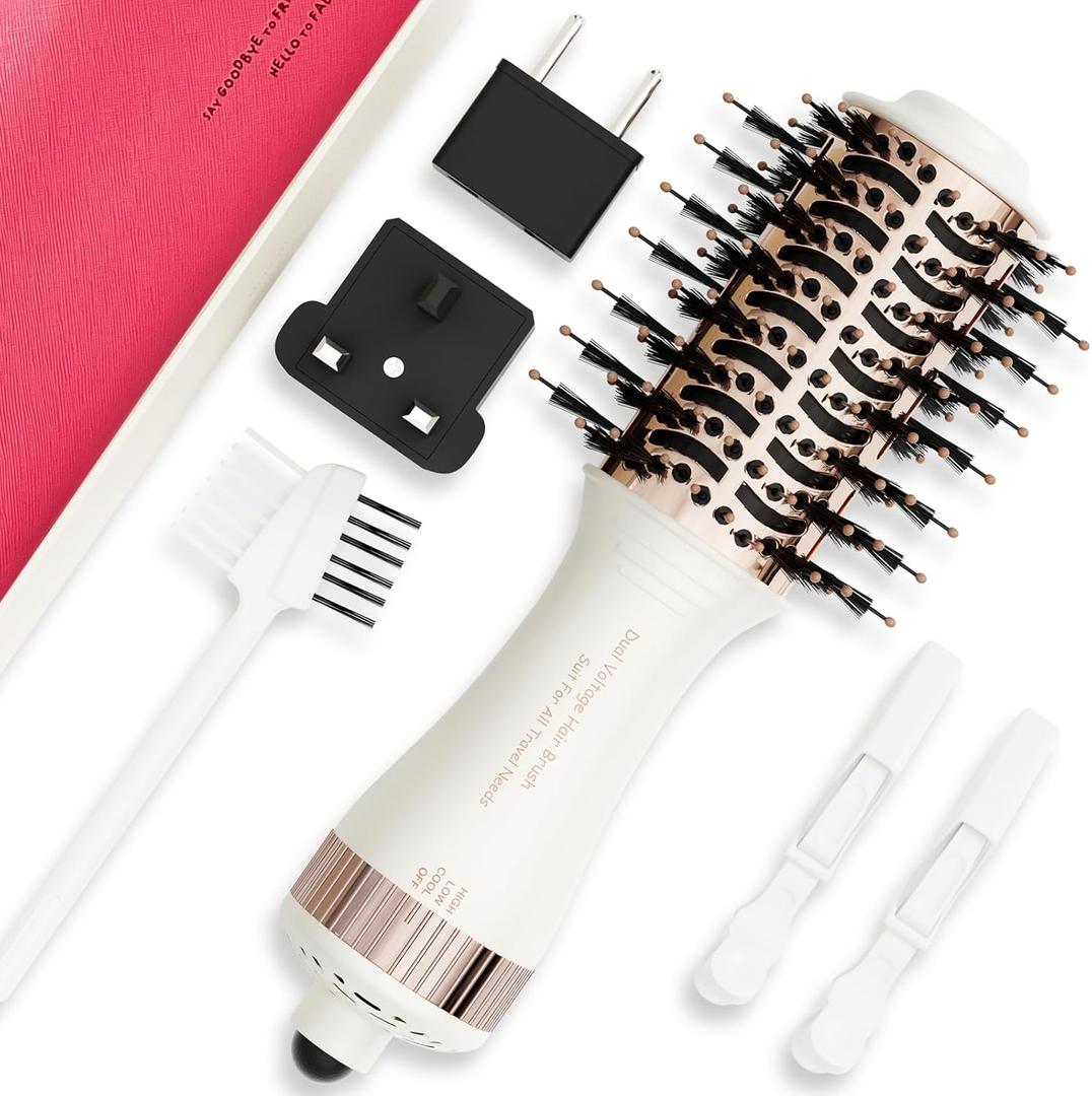 4-in-1 Travel Dual Voltage Hair Dryer Brush Blow Dryer Brush,Portable 2 inch Mini Hot Air Brush,Travel Hair Styler/Volumizer/Straightener/Curler,110-240V European Blow Dry Brush with EU&UK Plug (White & Rose Gold)
