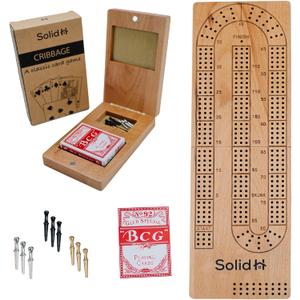 Foldable Cribbage Board Game Set - Travel Cribbage Board Includes Wooden Board with Storage, Metal Pegs, Deck of Cards, Instructions for 2-4 Players