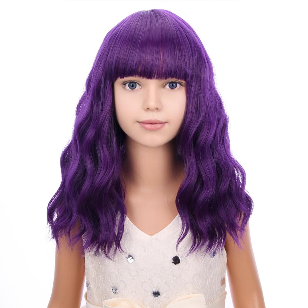 PATTNIUM Child Dark Purple Wig Kids Purple Wig with Bangs Short Wavy Curly Girls Synthetic Cosplay Halloween Party Costume Hair Wigs