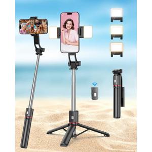 Selfie Stick with Light & Wireless Remote, Portable Phone Tripod Stand for iPhone & Android, Lightweight Foldable Selfie Stick for Travel, Vlogging, and Live Streaming
