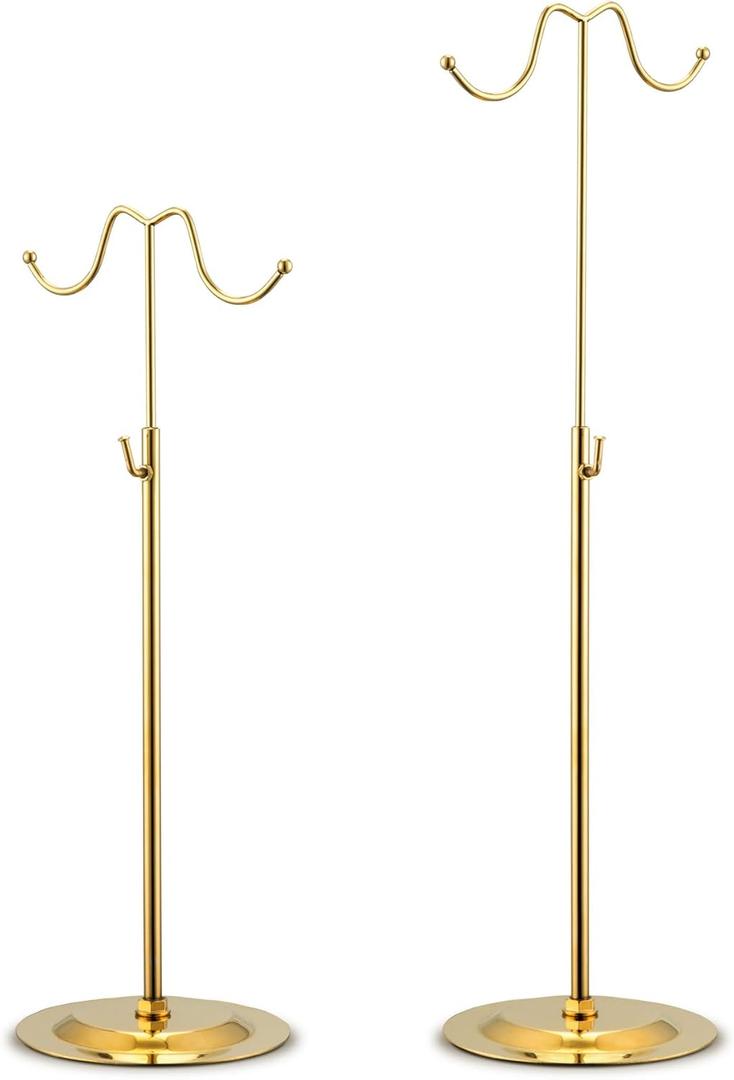Adjustable Banner Stand & Purse Display - 15-28 Inch Gold Handbag Holder with Double Hooks, Metal Retail Hanger for Boutique, Store Promotion, or Closet, Shiny Gold Finish