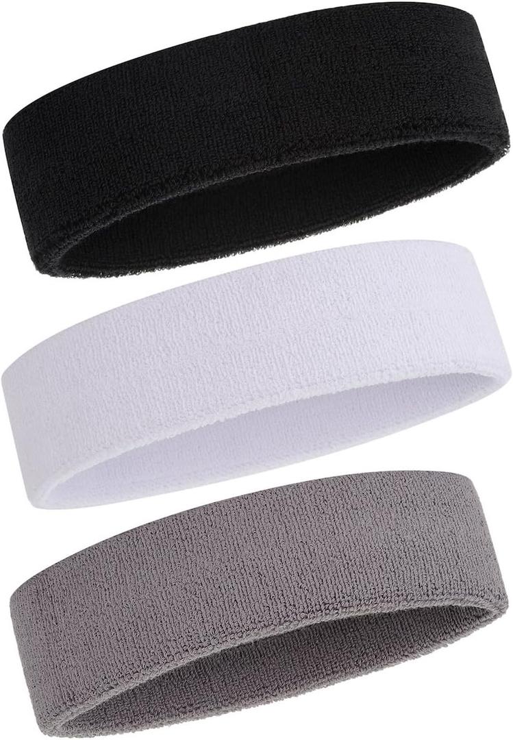 ONUPGO 3 Pack Sweatbands Sports Headbands for Men & Women,Cotton Headband Terry Cloth Sweatband for Tennis,Basketball,Football,Gym,Working Out - Moisture Wicking Elasticity (3 Black/Gray/White)