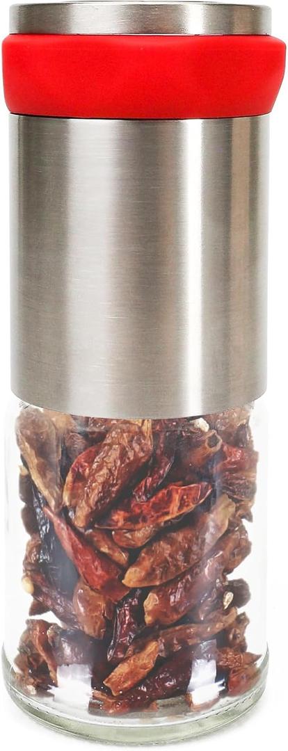Chili Pepper Mill Grinder, Manual Spice Grinding Mills with Handle for Hot Cumin, Sea Salt or Pepper, Professional Chef Refillable Glass Body, Small 3Oz Capacity, Stainless Steel Blades