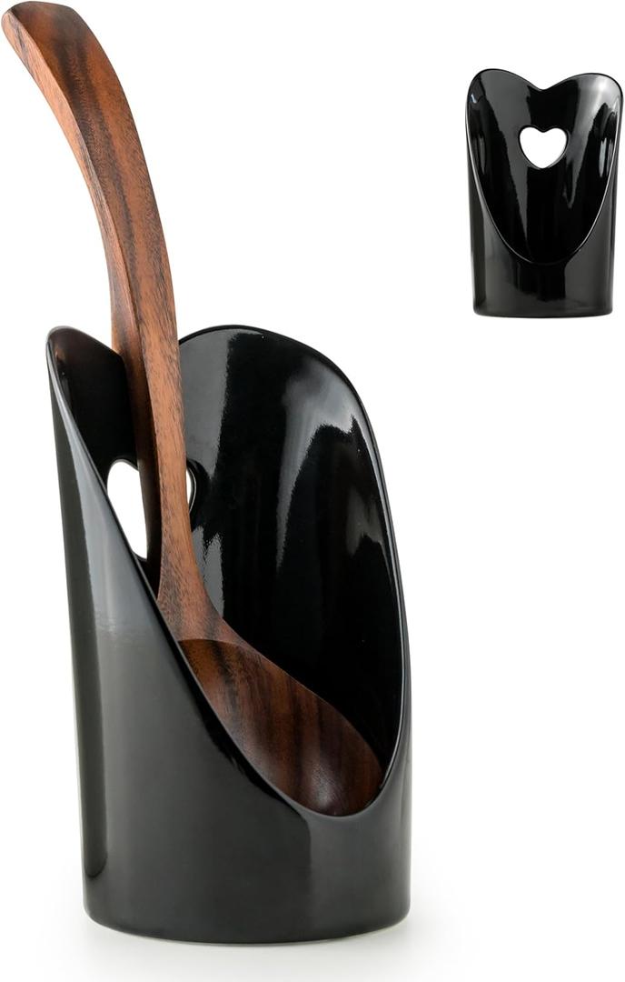 Gomakren Upright Spoon Rest, Standing Spoon Rest for Stove Top, 6 Inch Ladle Holder for Kitchen Counter, Valentines Heart Shaped Heat-Resistant Spatula Holder Cooking Utensil Stand, Black