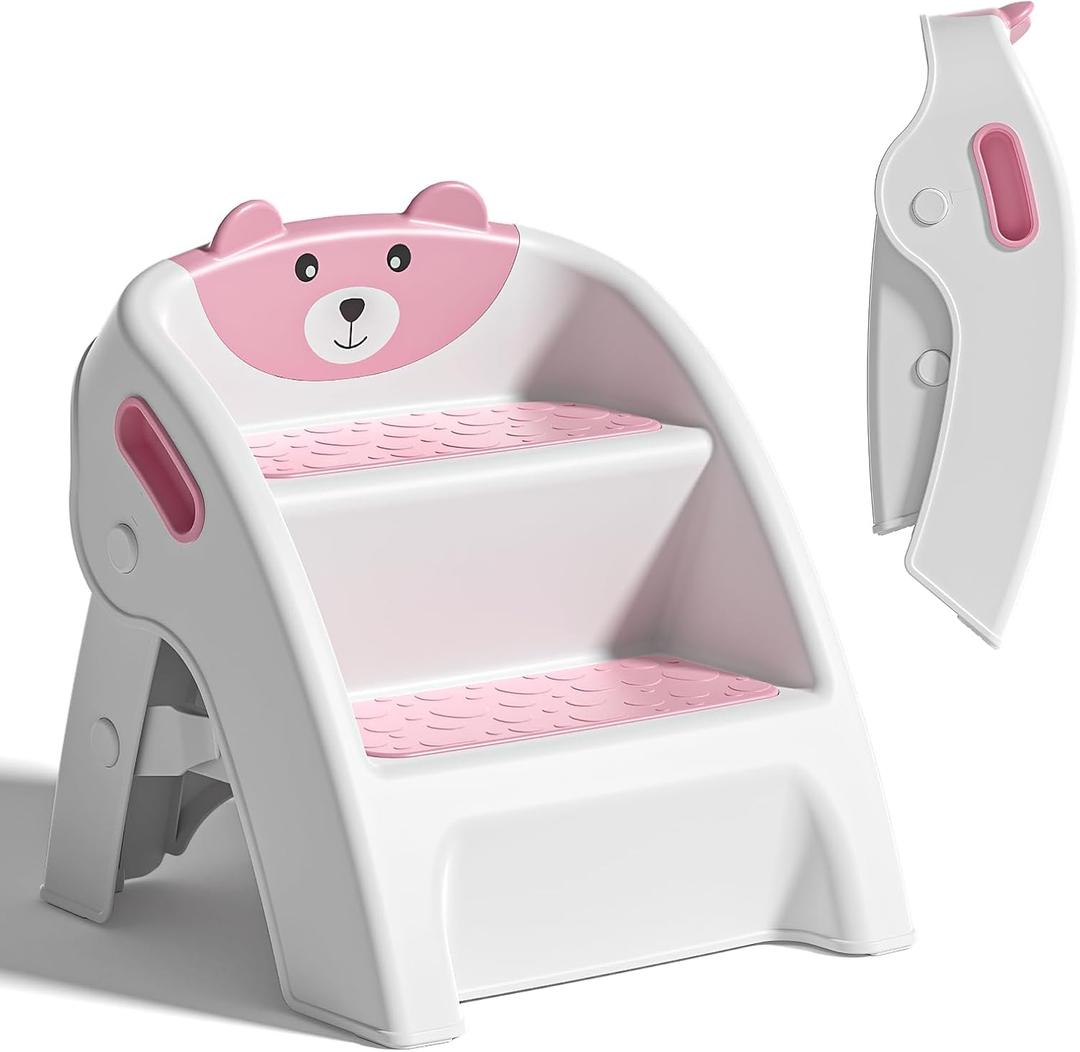 Folding Kids Step Stool for Bathroom and Potty Training,Anti-Slip, Anti-Tip A-Frame Design with 10-Second Setup-Potty 2 Step Stool for Toddlers (Pink)