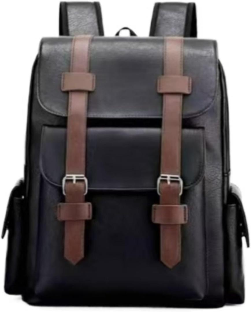 Business Men and Women PU Leather Backpack 15.6inch Laptop Waterproof Backpack Travel Commuter Lightweight schoolbag (Black backpack9,Medium)