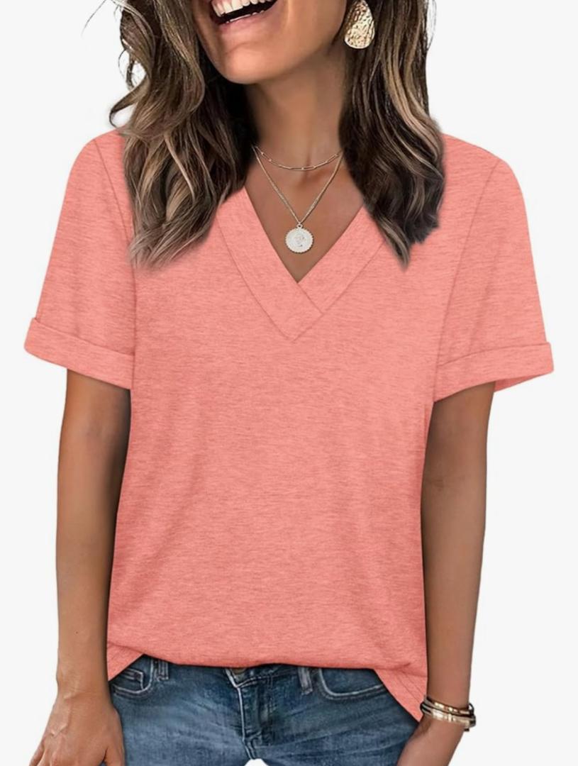 WIHOLL Womens Summer Tops Short Sleeve Basic Casual V Neck T Shirts Trendy Fashion 2026 L
