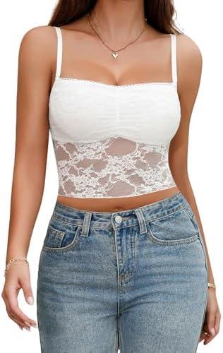 Aranmei Bralette Lace Tops for Women Spaghetti Strap Tank Y2K Basic Camisole, Large