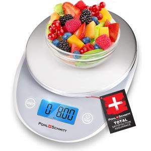 Pohl Schmitt Digital Food Kitchen Scale, Batteries Included, Multifunctional Weight Measuring Device in Grams/Ounces, Auto Shut-Off, Stainless Steel, Silver