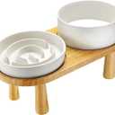 Ceramic Slow Feeder and Water Bowl Set for Medium and Large Dogs, 8.0 Inches Ceramic Dog Bowls Elevated with Wooden Stand, 2.0 Cups Dog Slow Feeder(30oz) and 70oz Water Bowl Set, White