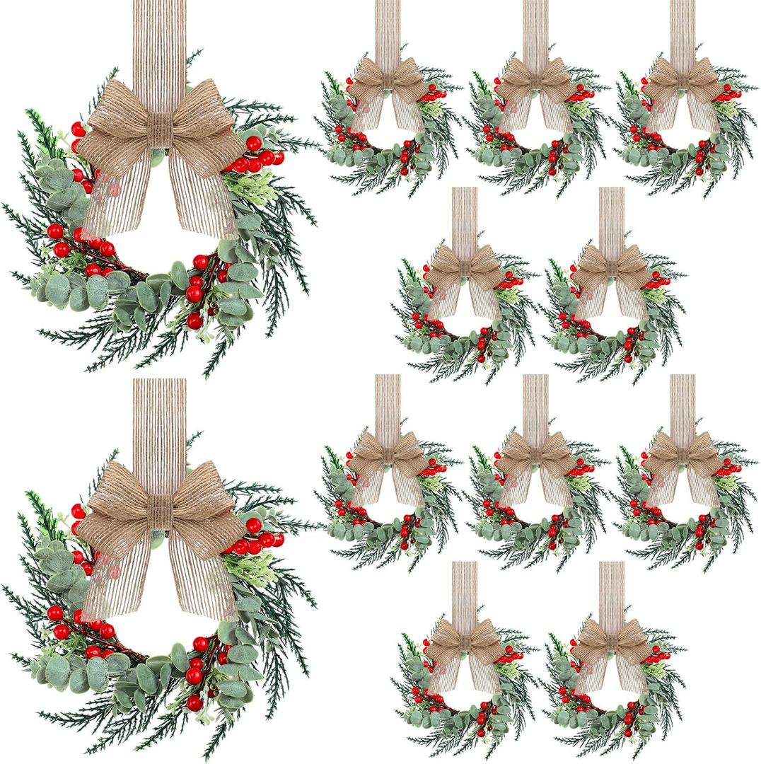 Hotop 12 Set Mini Wreaths for Kitchen Cabinet 12 Inch Small Christmas Wreath with Burlap Ribbon Red Berry and Eucalyptus Leaves for Xmas Window Front Door Fireplace Chair Farmhouse Hanging Decor