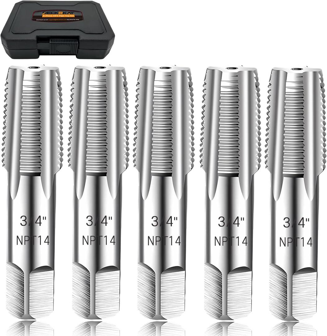 5-Piece NPT Pipe Tap Set, Precision Carbon Steel NPT Tap Set for Clean Accurate Threads, 3/4" NPT Tap, Perfect for Plumbers Mechanics DIYers, with Durable Plastic Case.