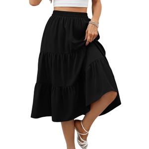 Lyrur Skirts for Women Elastic Waist Aline Tiered Ruffle Casual Beach Summer Midi Black Skirt with Pockets(S, 9193-Black)